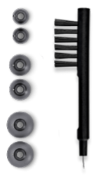 Hearing aid bristle to clean your hearing aids, next to various hearing aid tube sizes.